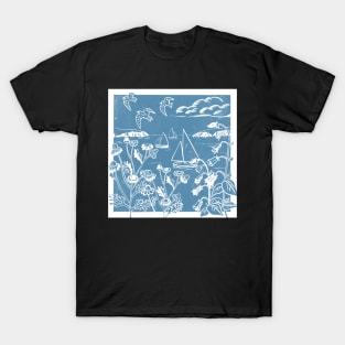 Seaside Linoprint of Sailing Boats and Blue Skies T-Shirt